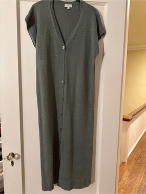 Kinross Cashmere Olive Green linen-flax Button-Front V-neck Knit Dress